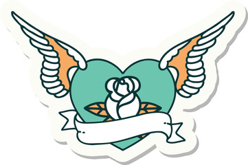 sticker of tattoo in traditional style of a flying heart with flowers and banner