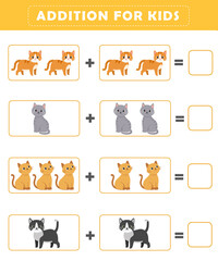 Preschool addition worksheet with cute cat illustration. Math Activities for Kids. Math activities for toddlers to practice early math concepts.	