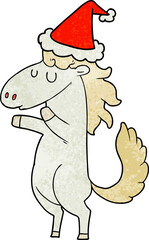 hand drawn textured cartoon of a horse wearing santa hat