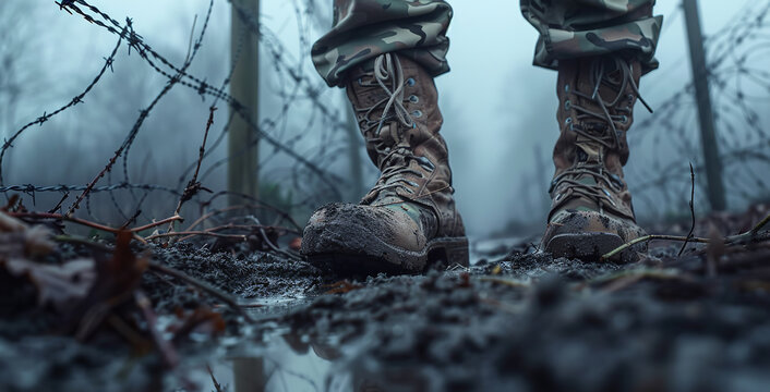 A closeup of the boots and trousers of an American soldier standing on mud near barbed wire, foggy background