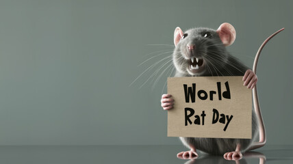 Funny gray rat holding a World Rat Day sign showing teeth against plain background - 775936250