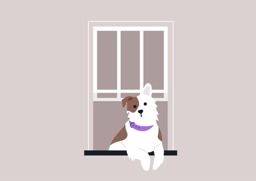 Pensive Pup Gazing Out of a City Window at Dusk, A thoughtful dog sits by the window frame, looking out onto the urban twilight