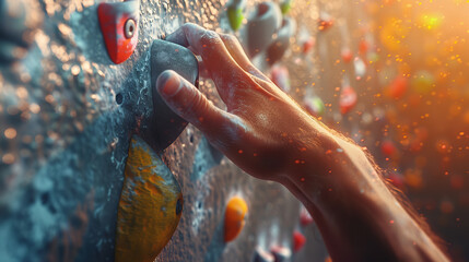 Closeup of hands holding a rock climbing hold, with a bouldering wall in the background