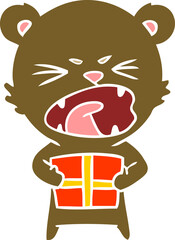 angry flat color style cartoon bear with present