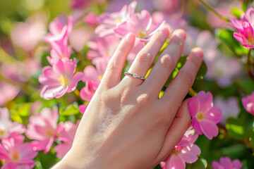 hand with ring to finger, around pink flowers