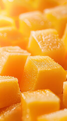 Mango cubes in closeup with a soft focus background