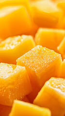Mango cubes in closeup with a soft focus background