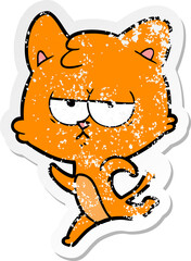 distressed sticker of a bored cartoon cat