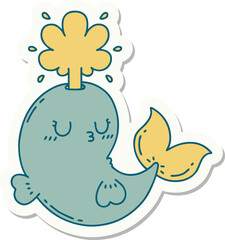 sticker of a tattoo style happy squirting whale character