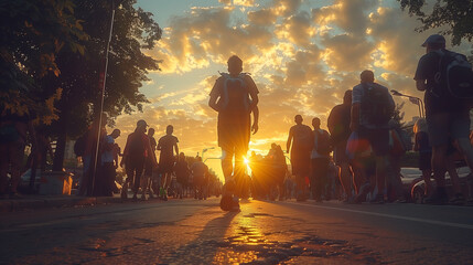 Runner crossing the finish line with determination and triumph - obrazy, fototapety, plakaty