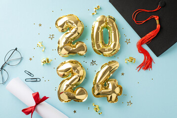 Eye-catching top view composition boasting 2024 gold balloons, graduation cap, diploma, stationery,...