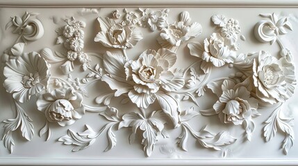 Obraz premium Light decorative texture of plaster wall with volumetric decorative flowers.