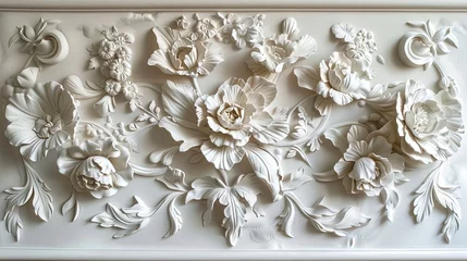 Tuinposter Light decorative texture of plaster wall with volumetric decorative flowers. © MiaStendal
