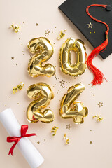 Graduation success theme. Vertical top view of 2024 gleaming balloons, graduation cap, diploma,...
