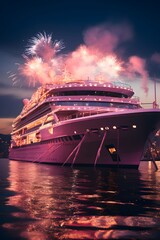 Luxury cruise ship with firework in the night sky.