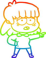 rainbow gradient line drawing of a cartoon tired woman pointing
