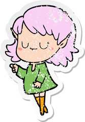 distressed sticker of a happy cartoon elf girl