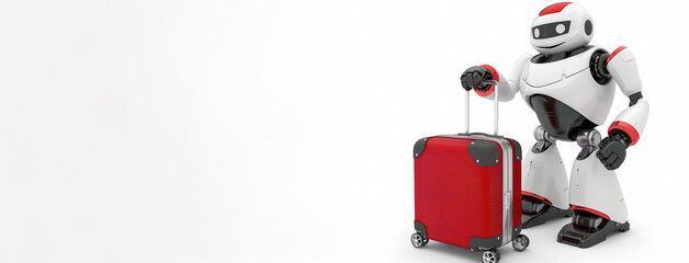 Robot tourist standing with his red suitcase and going on a summer holiday trip
