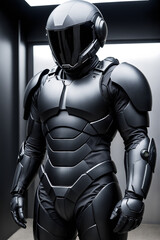 Man standing in a black futuristic full body armor suit with a visor helmet. - obrazy, fototapety, plakaty