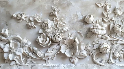 Deurstickers Light decorative texture of plaster wall with volumetric decorative flowers. © MiaStendal