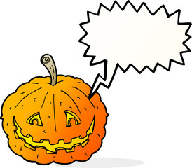 cartoon grinning pumpkin with speech bubble