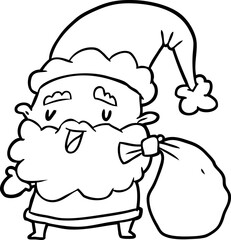 line drawing of a santa claus carrying sack of presents