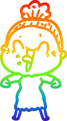 rainbow gradient line drawing of a cartoon happy old woman