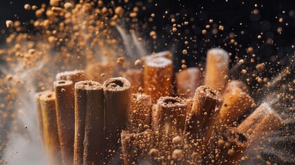 A pile of cinnamon sticks covered in powder. Ideal for food and spice concepts