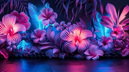 Decorative volumetric flowers with neon lighting. - obrazy, fototapety, plakaty