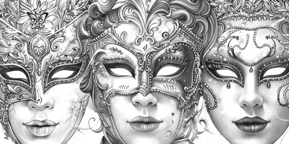 Poster detailed drawing of various masks, versatile for different themes