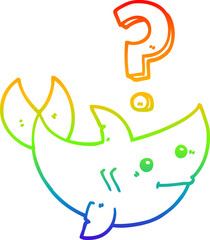 rainbow gradient line drawing of a cartoon shark asking question
