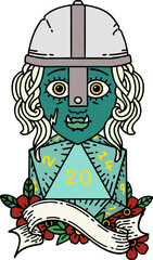 Retro Tattoo Style half orc fighter with natural 20 dice roll