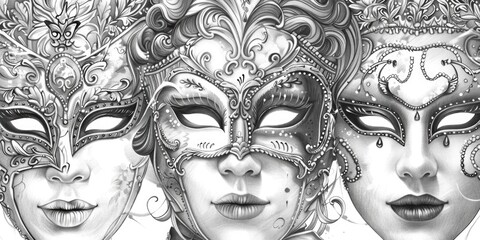 Detailed drawing of various masks, versatile for different themes