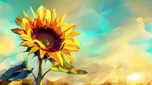 A sunflower is the main focus of this colorful and abstract painting. The sunflower is surrounded by a blue and yellow background, which creates a sense of warmth and happiness