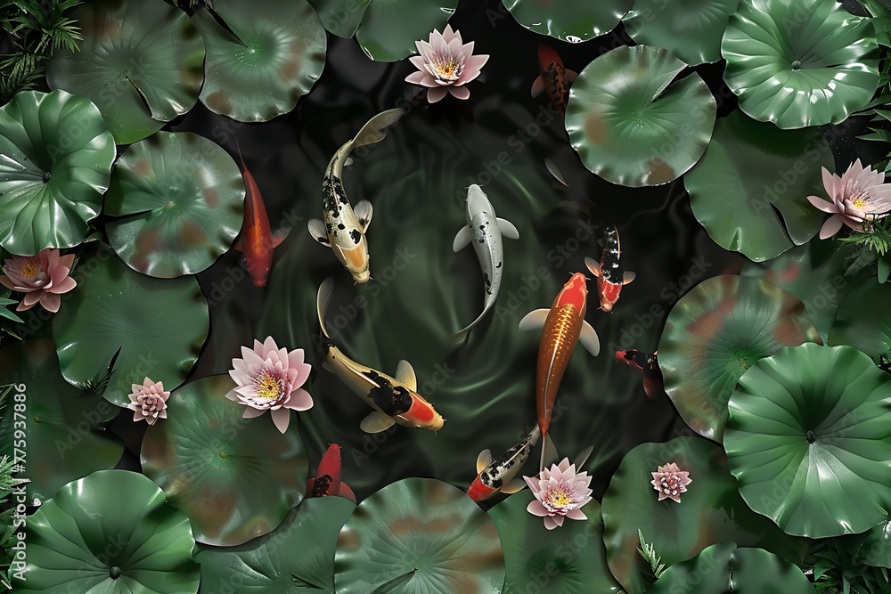 Sticker Colorful koi fish swim gracefully in a circular pond - surrounded by blooming lotus flowers and lilypads - emanating a Zen vibe  - wide