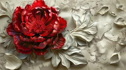 Tuinposter Red decorative volumetric peony flower on the background of a decorative wall. © MiaStendal
