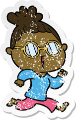 distressed sticker of a cartoon running woman wearing spectacles
