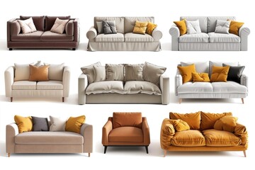 Various colored couches and chairs in a room, suitable for furniture store advertising