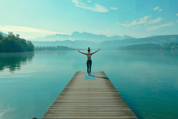A woman stretches into a yoga pose on a wooden pier - overlooking a calm lake enveloped in morning mist - inspiring mindfulness  - wide - obrazy, fototapety, plakaty