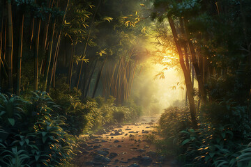A winding path through a dense bamboo forest is gently illuminated by dappled sunlight - creating a...