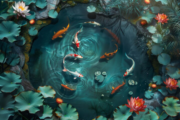 Koi Fish Swimming in a Circular Pond with Lotus Flowers -wide