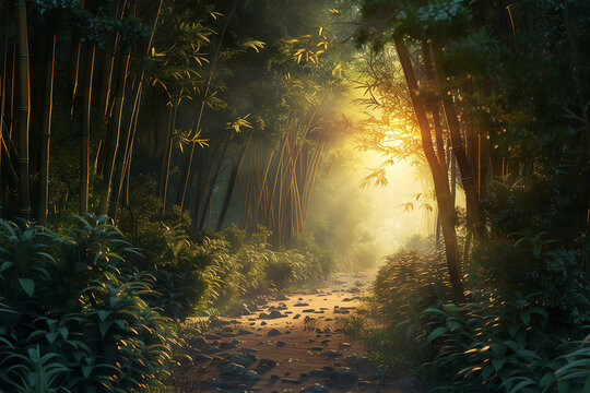 A winding path through a dense bamboo forest is gently illuminated by dappled sunlight - creating a Zen-like atmosphere of peace  - wide