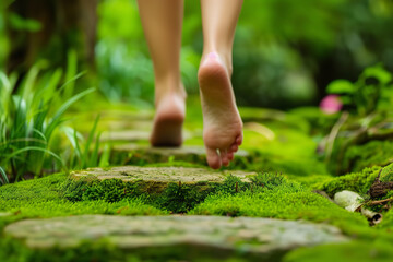A pair of bare feet gently step on moss-covered stones - making a path through a peaceful Zen garden filled with greenery  - wide