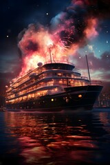 Cruise ship with fire and smoke in the night. 3d rendering