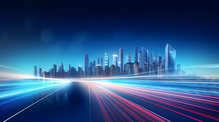 A city skyline with skyscrapers and flowing light trails. blurred motion effect. blue gradient sky, cityscape skyline in the style of urban technology.  For Design, Background, Cover, Poster, Banner,