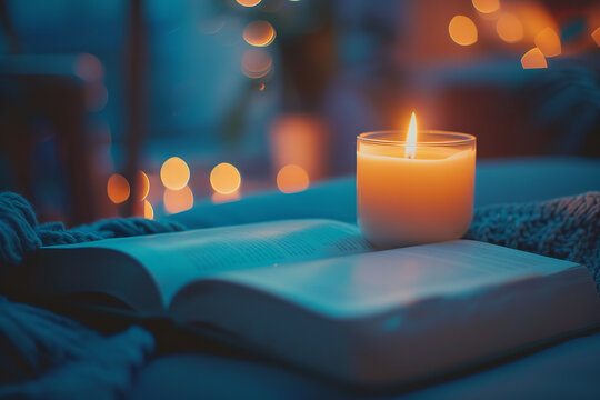 An open book featuring Zen poems lies next to a softly glowing candle - casting warm light on the textured paper and inviting peaceful reading  - wide