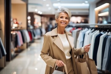 Stylish mature Caucasian woman buyer with shopping bags in hands choosing clothes from rack in clothing store. Cute female shopaholic select and buying clothes in fashion boutique during sale. - obrazy, fototapety, plakaty