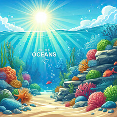 World Ocean Day, 8 June. World Ocean Day poster, World Ocean Day post,  World Ocean Day vector.  Happy World Oceans Day, sea plants,  poster,  post, vector, dolphin. shark, coral. sea plants, 