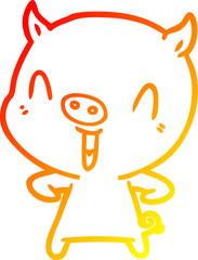 warm gradient line drawing of a happy cartoon pig
