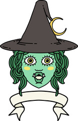 Retro Tattoo Style half orc witch character face with banner